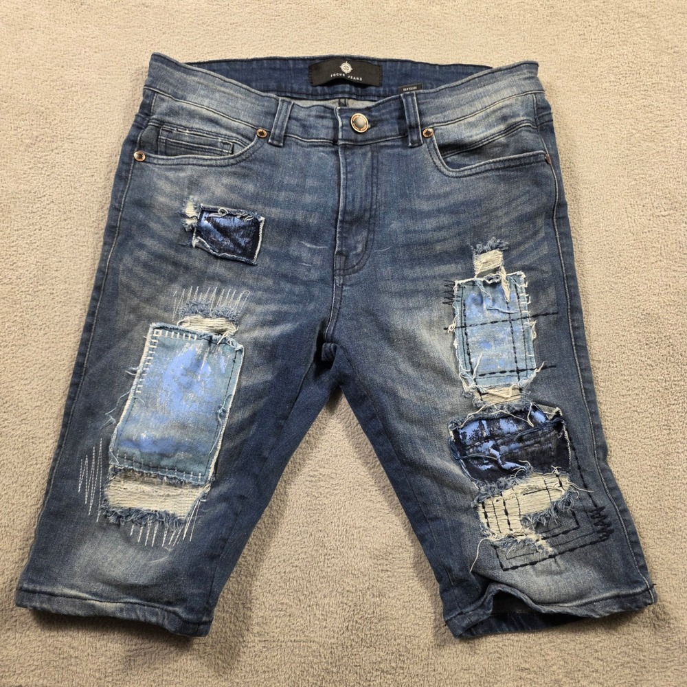 Focus Jeans Denim Shorts Mens 32x11 Blue Distressed Patchwork Streetwear Grunge